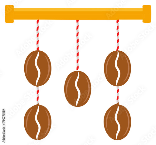 Illustrative brown coffee beans dangling from striped ropes on a horizontal golden bar for cafe decor