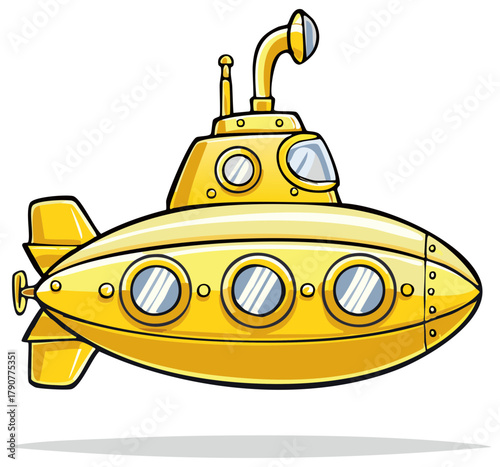 Cute cartoon yellow submarine illustration with periscope and portholes for underwater adventure