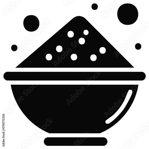 Bowl Filled with Powdery Substance and Floating Dots A Black and White Icon Image