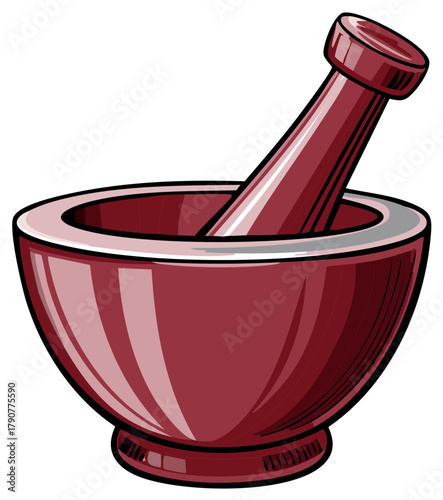 Red Mortar and Pestle Illustration for Grinding Spices and Herbs