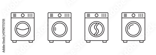 Washing machine line icons set isolated on white background. Laundry and cleaning symbols in minimal style. Editable stroke.