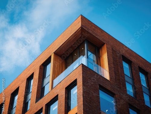 A low-angle view of a modern brick apartment building or condominium with large windows against a blue sky. A concept for urban real estate, housing, and contemporary architecture.