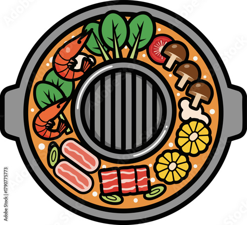 Thai Mookata BBQ Hot Pot Cartoon Vector Illustration