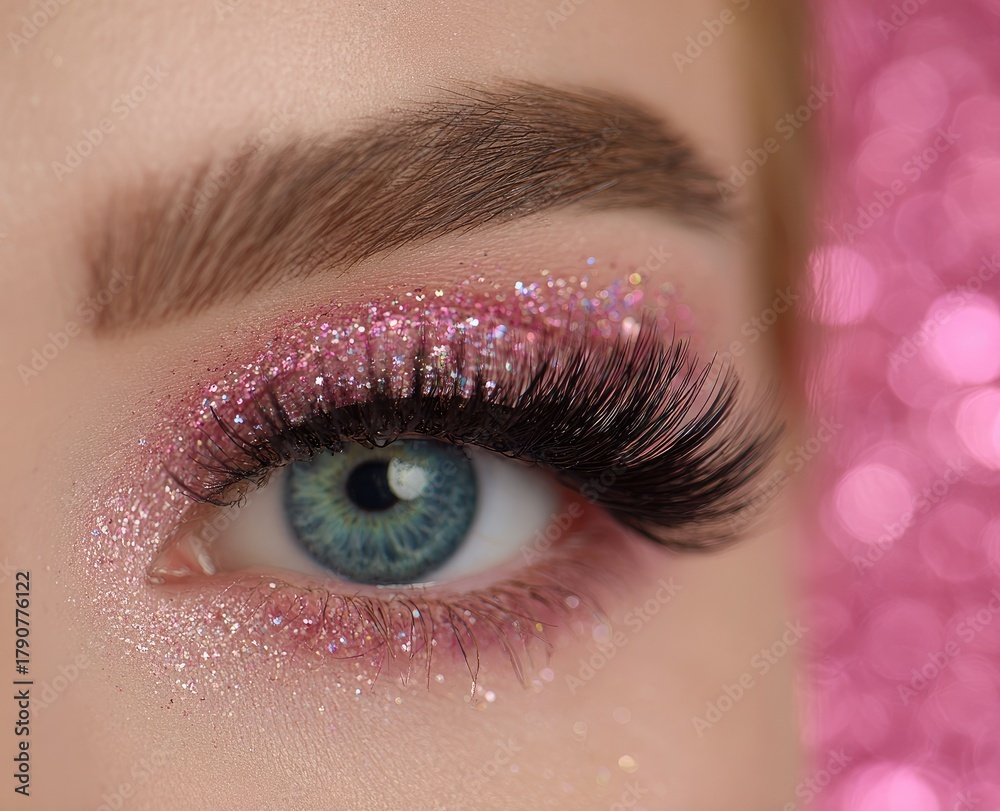 Obraz premium Woman's eye with sparkling pink eyeshadow and long lashes.