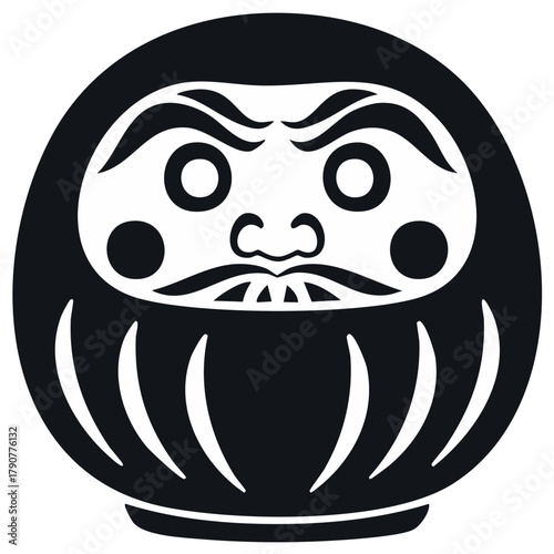 Japanese Daruma doll icon representing good luck and perseverance in a clean minimalist black and white vector illustration.