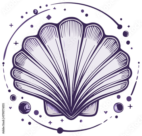 Mystical scallop seashell illustration with celestial stars and cosmic symbols