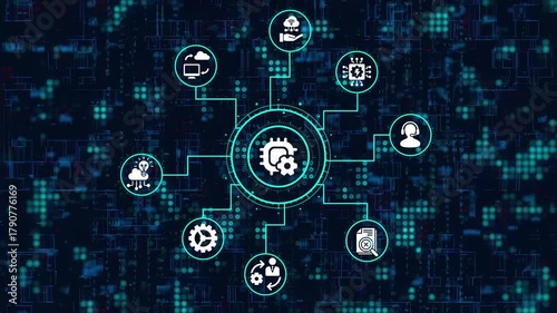 Digital transformation concept with technology icons connected to a central hub, representing automation, cloud computing, and artificial intelligence integration