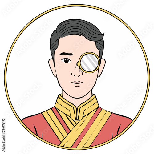 Illustration of a distinguished man in traditional Asian attire wearing a monocle within a golden circle