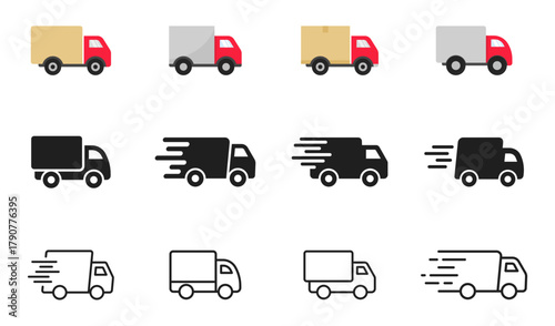 Delivery Truck icon set. Express delivery trucks icons. Fast shipping truck. Free delivery 24 hours. Logistic trucking sign. Vector illustration.