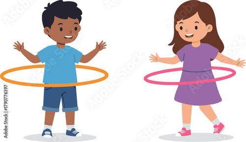 Children, hula hoop, playful activity, happy kids, motion, exercise, coordination, smiling faces, colorful toys, fun, movement, cartoon style, active lifestyle, preschool play