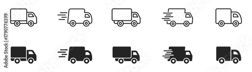 Delivery Truck icon set. Express delivery trucks icons. Fast shipping truck. Free delivery 24 hours. Logistic trucking sign. Vector illustration.