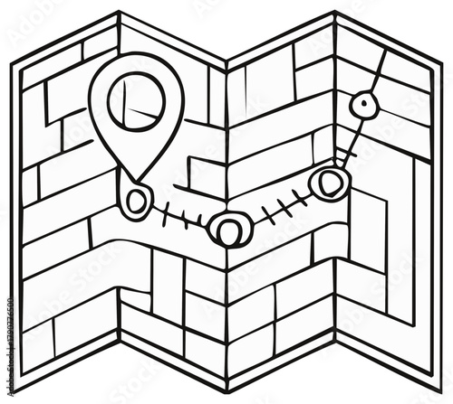 Hand drawn folded map illustration with a marked route and location pin