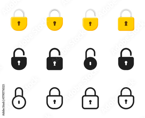 Lock icon set. Padlock open and closed. Locked and unlocked icon. Security symbol. Vector illustration.