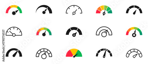 Speedometer icon set. Speed indicator. Gauge, dashboard, tachometer, scale. Speedometer icon with arrow. Vector illustration.