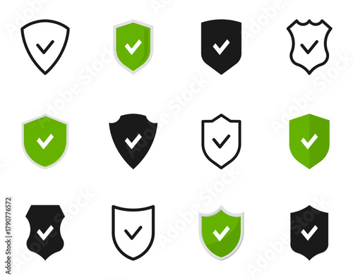 Shield with check mark icon set. Security, approve, accept, secure access sign. Protection symbol. Vector illustration.
