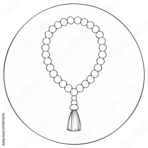 Outline Sketch of Rosary Beads with Tassel Inside Circle, Religious Object