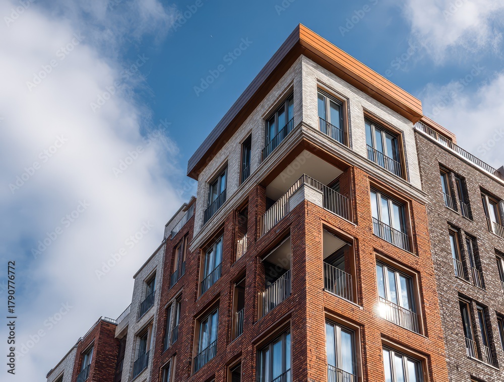 Obraz premium A low-angle view of a modern brick apartment building or condominium with large windows against a blue sky. A concept for urban real estate, housing, and contemporary architecture.