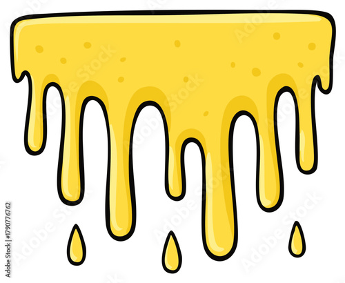 Dripping yellow cheese sauce with black outline isolated on white background