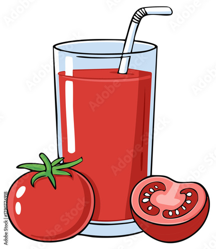 Healthy refreshing tomato juice drink in clear glass with whole and sliced red tomatoes