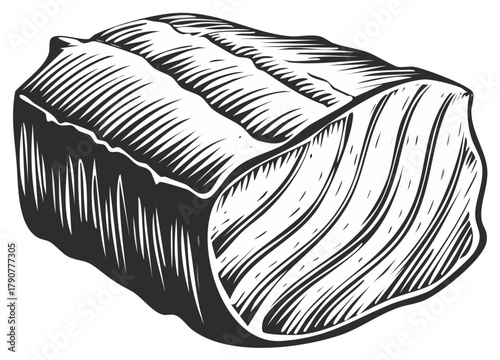 Woodcut illustration of cut piece of meat, engraving style, butcher shop, food illustration, monochrome graphics, vector art