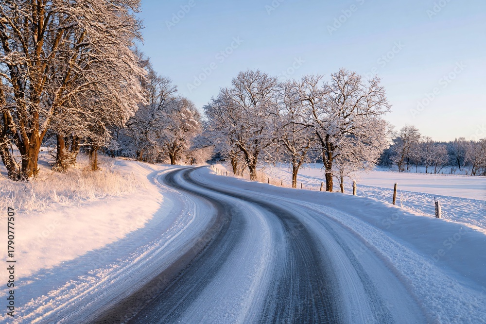 Obraz premium Winding country road through a snow-covered winter landscape