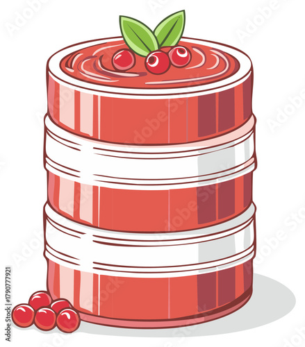 Stacked Cans of Cranberry Sauce with Fresh Cranberries and Leaves Illustration
