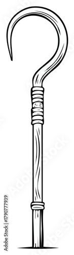Hand-Drawn Wooden Hook Staff Illustration in Black and White with Rustic Binding Detail