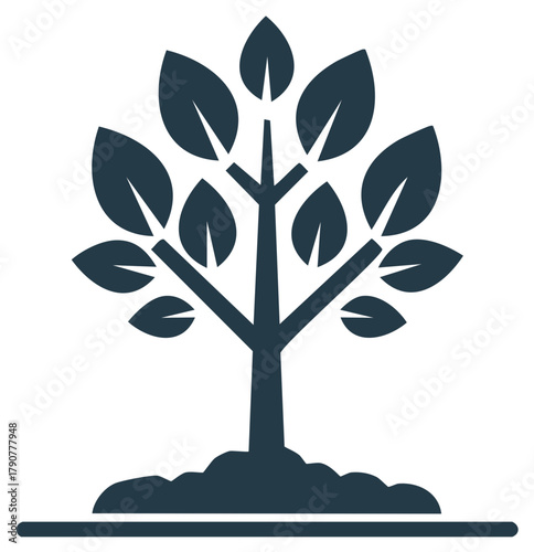 Elegant Tree Graphic with Lush Leaf Canopy Growing from Fertile Soil, Showing Branches, Trunk, and Roots in Flat Vector Design