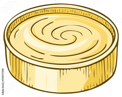 Drawing of a round container filled with smooth yellow creamy substance with swirling patterns on top