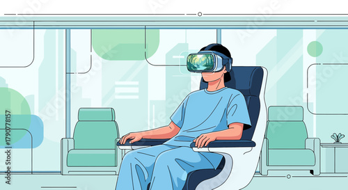 Illustration of a Person Using VR Headset in a Modern Waiting Room Environment Demonstrating