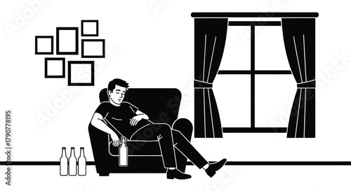 Man sleeping in chair after drinking alcohol at home illustration