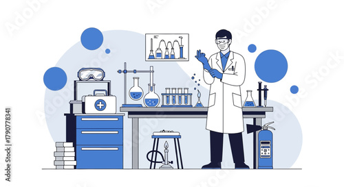 Illustration of a scientist in a laboratory environment conducting research, innovation
