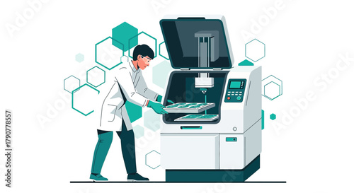 Illustration of a scientist using a 3D printer for biomedical research and development with