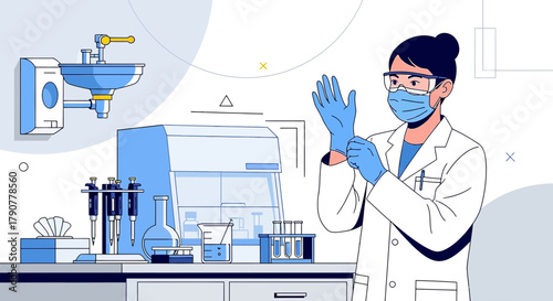Illustration of a scientist preparing for an experiment in a laboratory setting minimal background