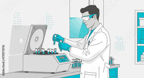 Illustration of a scientist working with samples in a laboratory using centrifuge machine