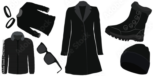 Winter fashion black coat, boots, jacket, hat, sunglasses, badge vector illustration
