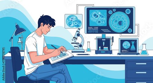 Illustration of a scientist working on cell research with advanced technology tools in a lab