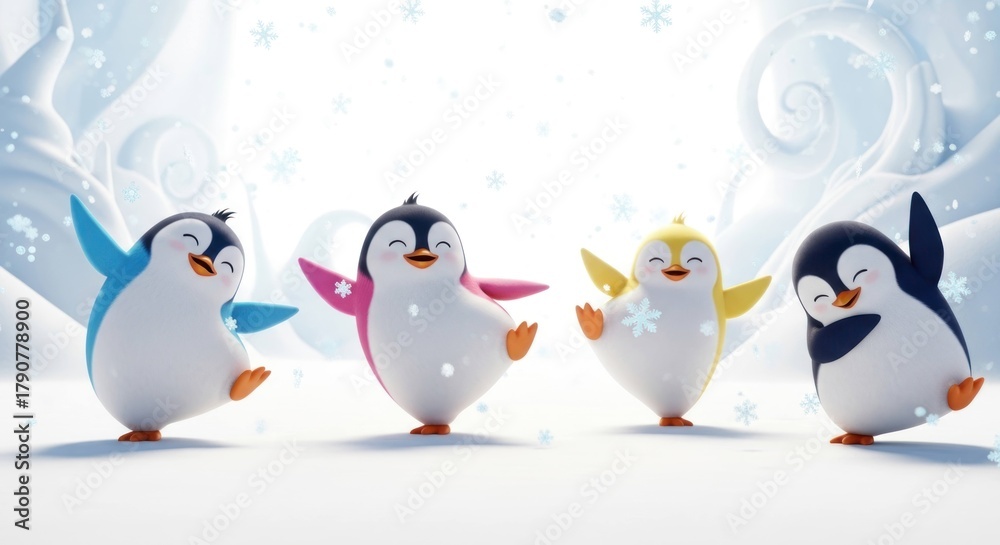Obraz premium Four cute, colorful penguins dancing in falling snow, wintery scene