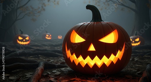 Spooky carved pumpkin with glowing face in a dark foggy forest. The jack-o-lantern has a menacing smile and bright eyes. Other pumpkins glow in the misty background among twisted trees.