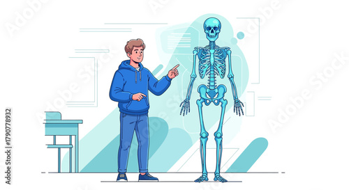 Illustration of a student learning about the human skeleton in a classroom setting anatomy lesson
