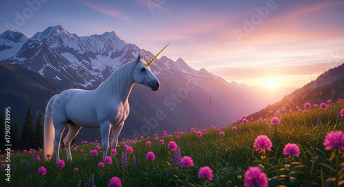 A white unicorn in a pink wildflower field with snowy mountains at sunset. Perfect for fantasy projects, children's stories, or magical themes. Beautiful alpine scenery.