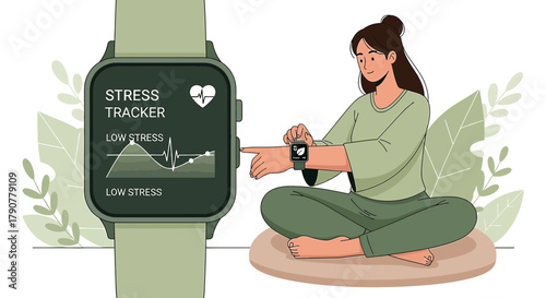 Illustration of a woman monitoring stress levels with a smartwatch to manage health and well-being