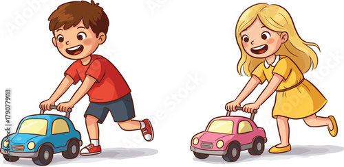 Children, toy cars, playful moment, happy kids, motion, smiling faces, colorful toys, fun activity, childhood joy, interaction, movement, playtime, imaginative play, indoor scene, preschool fun, 