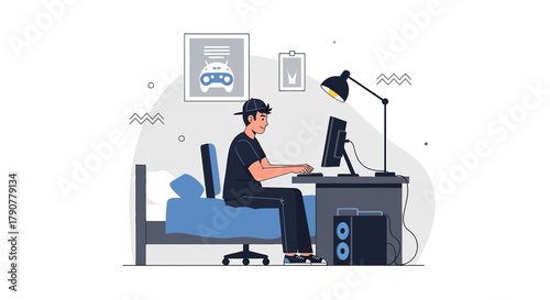 Illustration of a young man playing video games at home in his bedroom with modern decor