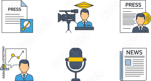 Collection of icons representing news media, journalism, and broadcasting
