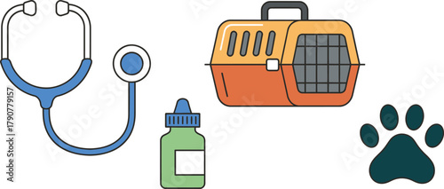Veterinary care essentials including a stethoscope, carrier, and medicine bottle for pets