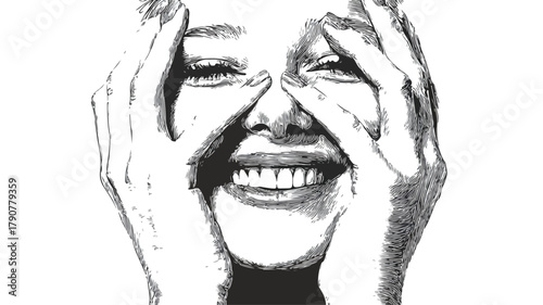 Smiling Face with Hands in Black and White