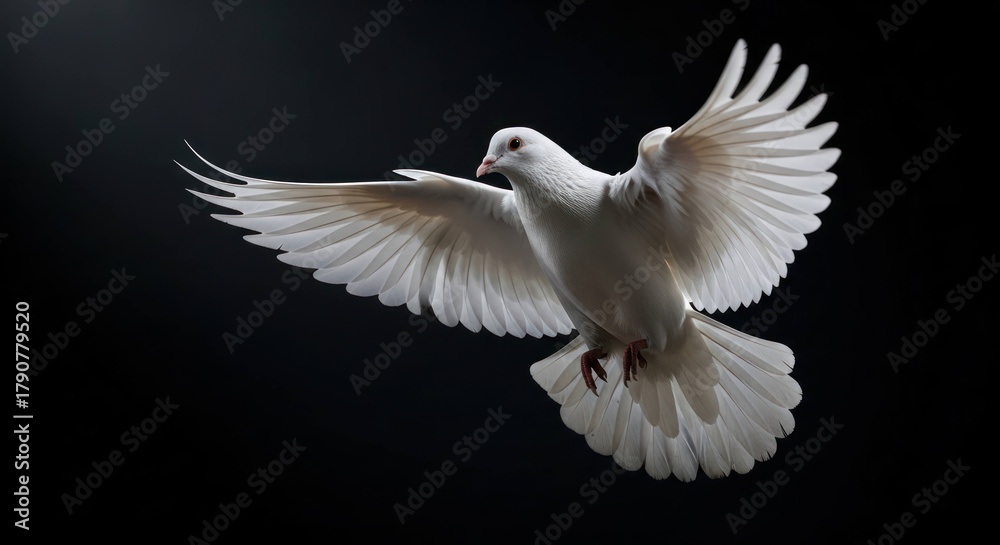 Obraz premium Graceful white dove mid-flight with wings spread against a stark dark backdrop