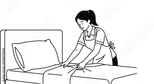 Housekeeping making bed in hotel room service vector illustration