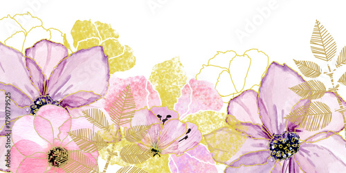 Banner con grandi fiori rosa e dorati delicati, illustrazione isolata su sfondo bianco